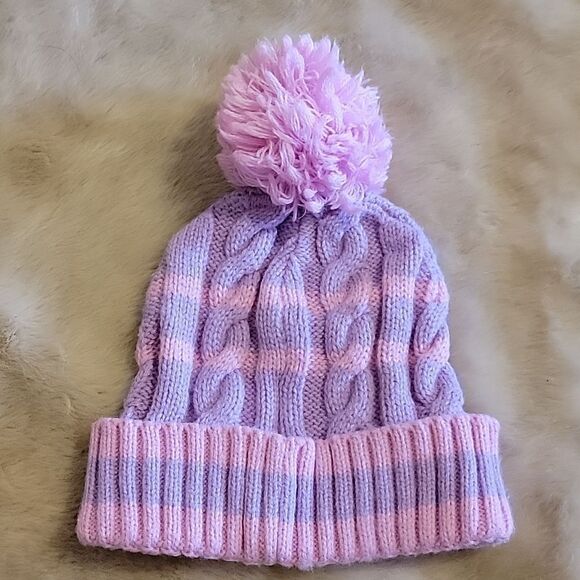 NICKELODEON PAW PATROL PINK AND PURPLE STRIPED POM POM KNIT CAP,  SIZE 2T-5T - Picture 3 of 5